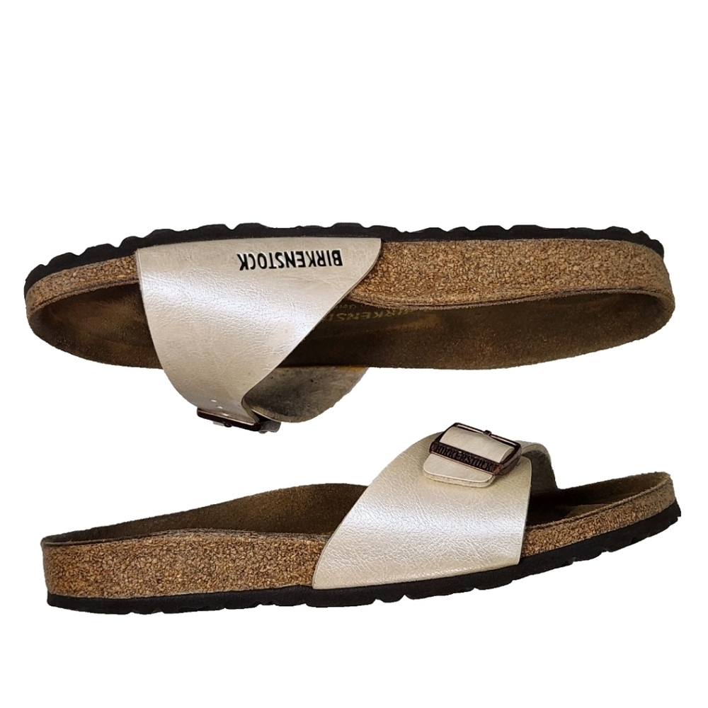 BIRKENSTOCK Madrid Iridescent Pearl Leather Sz 39/8-8.5 Copper Buckle Sandals - Picture 10 of 14